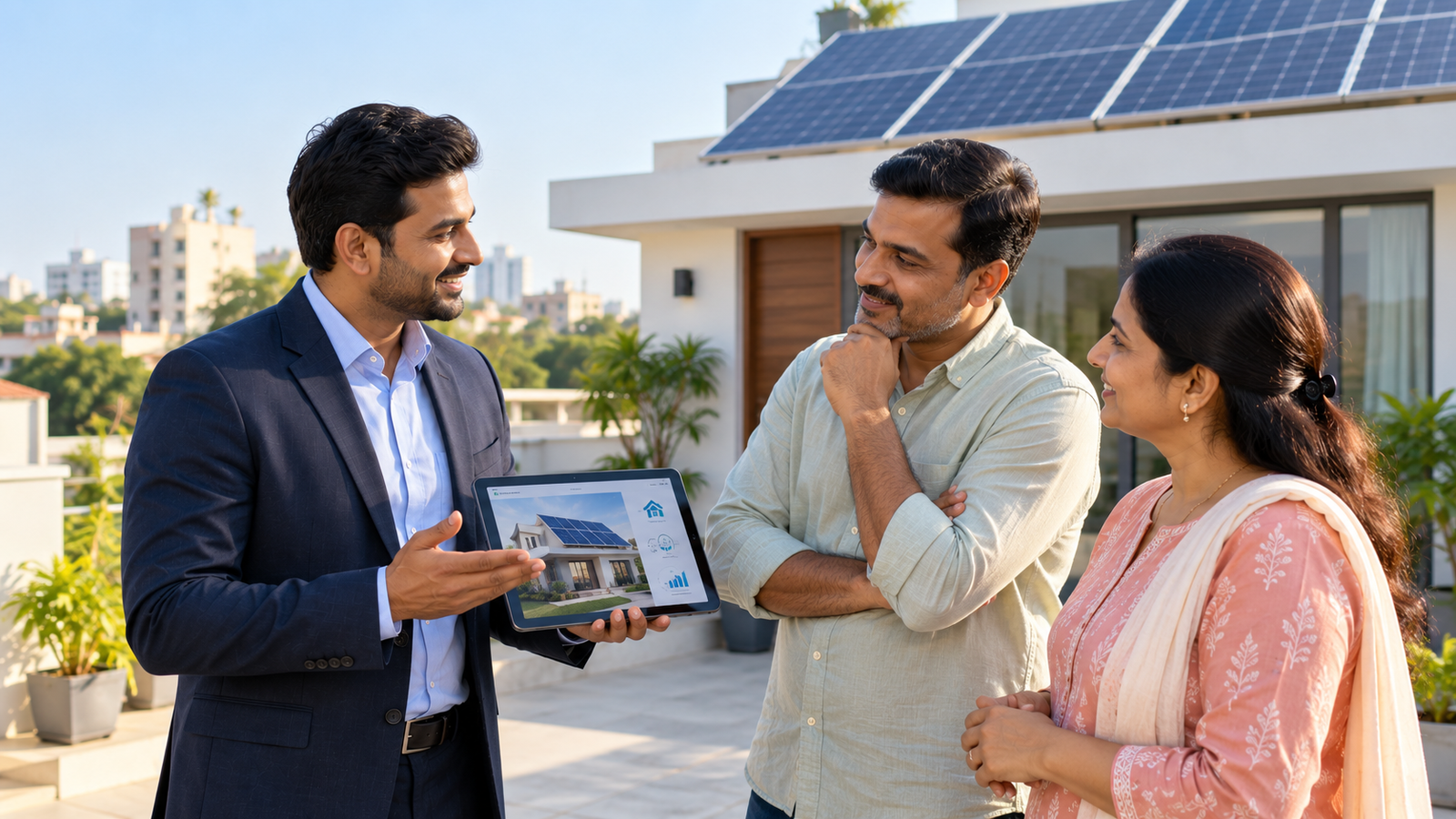 Indian entrepreneur discussing a solar business opportunity with a customer
