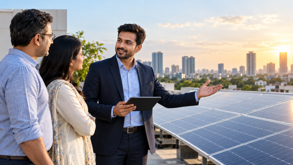 Solar business professional discussing a rooftop solar installation with customers in India