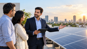 Solar business professional discussing a rooftop solar installation with customers in India