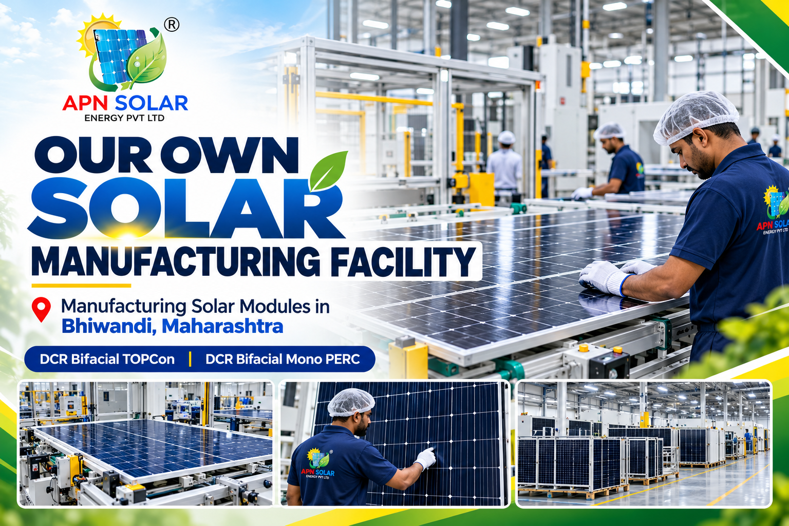 Solar panel manufacturing and inspection representing APN Solar's manufacturing capabilities in Bhiwandi, Maharashtra.
