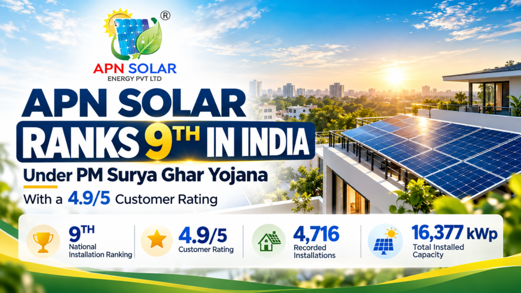 APN Solar ranks 9th in the national PM Surya Ghar Yojana installation listing, with a 4.9/5 customer rating.