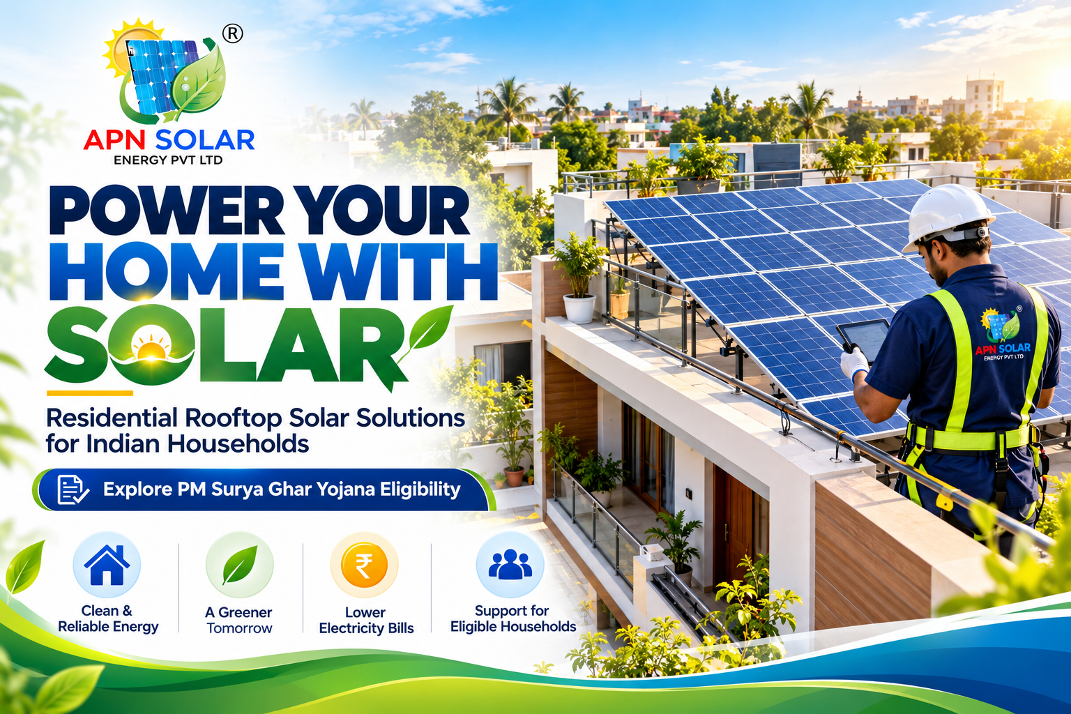 Residential rooftop solar panels and professional installation representing APN Solar's home solar solutions.